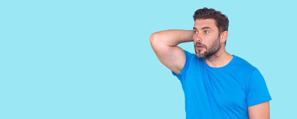 Guy thinking with confuse face on isolated background. Man thinking about question, pensive...