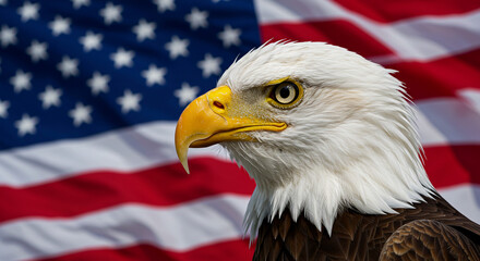 Close up of a bald eagle head with american flag in the background in a patriotic composition