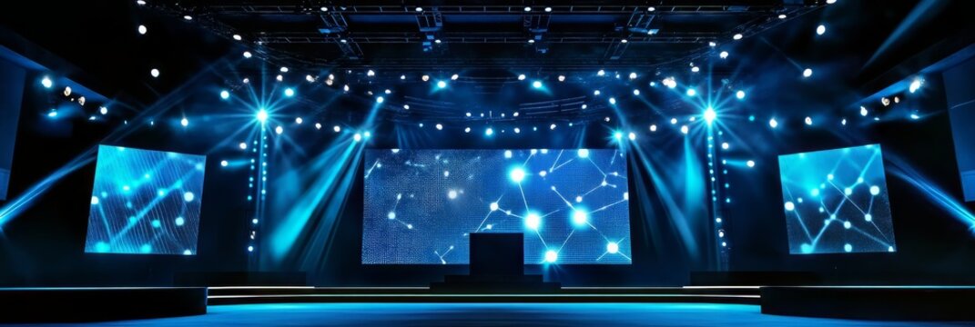 Dynamic illuminated event stage prepared for a performance. Bright blue lights radiate, creating an exciting atmosphere.