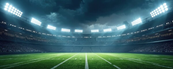 American football stadium illustration at night. Dramatic stormy sky. Green field with white lines. Floodlights illuminate arena, creating atmosphere. Spectators watch game. Modern design.