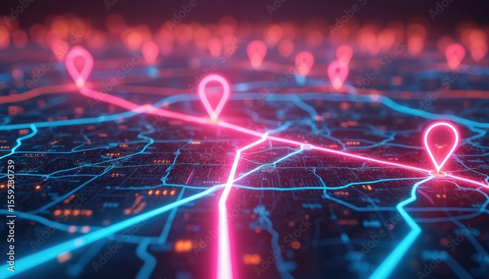 Poster Digital city map with glowing neon path location markers. Futuristic design route navigation represents journey travel way, data transfer, global positioning system technology.