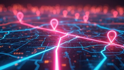Digital city map with glowing neon path location markers. Futuristic design route navigation represents journey travel way, data transfer, global positioning system technology.