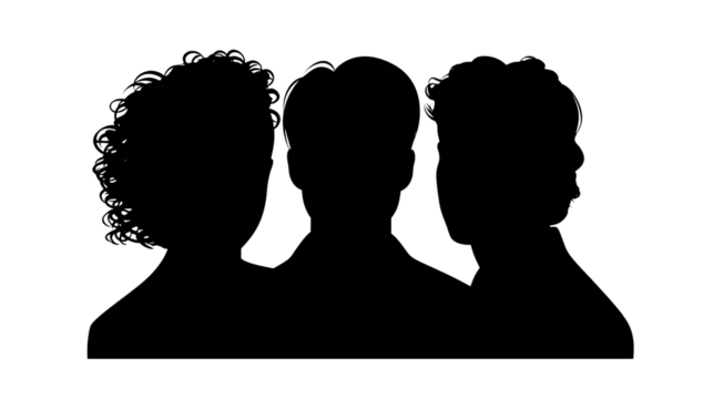 Anonymous Group: A minimalist silhouette portrait featuring three individuals standing shoulder-to-shoulder, fostering a sense of unity and mystery.