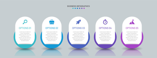 Horizontal progress bar featuring 5 arrow-shaped elements, symbolizing the five stages of business strategy and progression. Clean timeline infographic design template. Vector for presentation