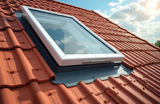 Open Velux window on red tiled roof. View of blue sky clouds, natural daylight. Home construction, renovation, building, overhead installation, eco-friendly design.