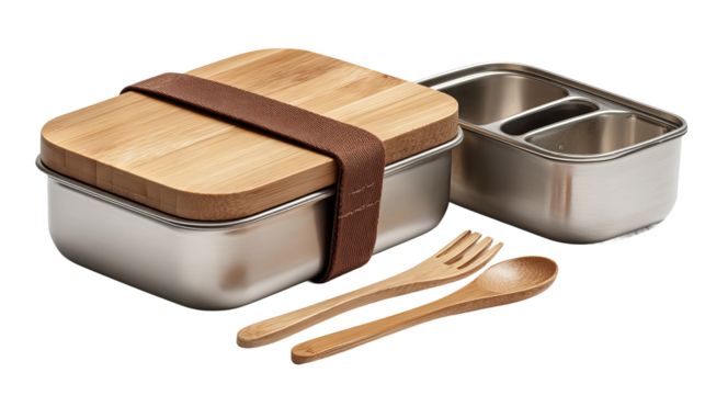 Lunchtime Elegance: An eco-conscious lunchbox set. Featuring bamboo, stainless steel, and wooden cutlery in a simple studio shot, highlighting a commitment to sustainability.