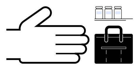 Open hand beside a briefcase and set of three labeled vials. Ideal for concepts thumbs up teamwork, cooperation, workplace readiness, health, safety, pharmaceutical, and negotiation. Simple flat