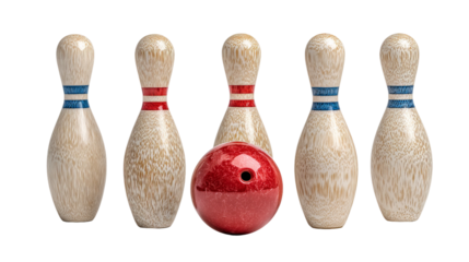 Bowling pins and Ball: A classic still life of bowling equipment, set against a clean backdrop. The red ball is surrounded by wooden bowling pins in a state of anticipation.