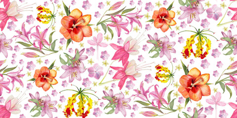 Floral Patchwork: A Vibrant Collage of Hibiscus, Lilies, Fuchsias and Gloriosa Flowers