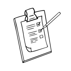 Checklist on Clipboard with Pencil Doodle Illustration. Medical examination or test on the board. Quality audit, control document on board with paper clip in sketch style