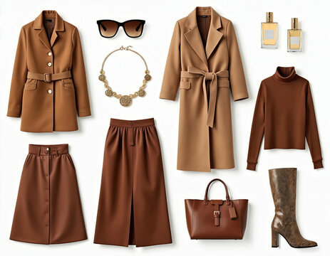 Fashion mood board with stylish women clothes outfits. Brown coat, skirt, turtleneck, leather bag, sunglasses, jewelry, perfumes, high boots on white background. Fashion collection. Fall-winter wear,