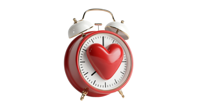 Time for Love: A classic red alarm clock, its face adorned with a vibrant red heart, symbolizing the preciousness of love and time spent together. - Powered by Adobe