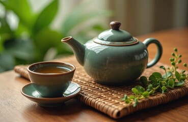 Teapot cup placed wooden table. Herbal green tea, beverage in ceramic tableware. Tea ceremony, traditional healthy drink. Zen atmosphere. Relax concept. Oriental culture, asian lifestyle. Cozy wooden