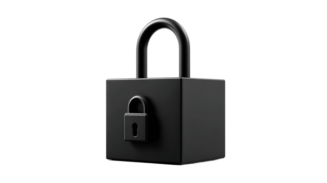 Security Lock: A sleek, modern padlock stands isolated, symbolizing protection, privacy, and data security. This image evokes a sense of safety and the safeguarding of valuable information.