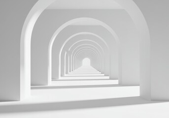 Fototapeta premium A minimalist and futuristic corridor composed of a repeating series of white arches, creating a long perspective with soft shadows and leading to a bright light source at the end.