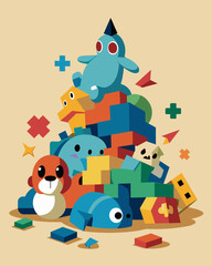 A mound of old toys once cherished and played with now broken and missing pieces a sad reminder of childhood memories.. Vector illustration