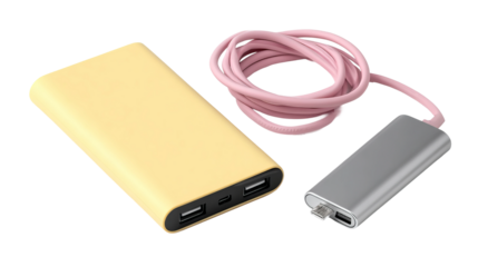 Power Bank Technology: A sleek, modern power bank in a soft pastel hue, accompanied by a charging cable and secondary adapter, representing modern technology for mobile devices.