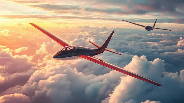 Two gliders soaring through sunset clouds
