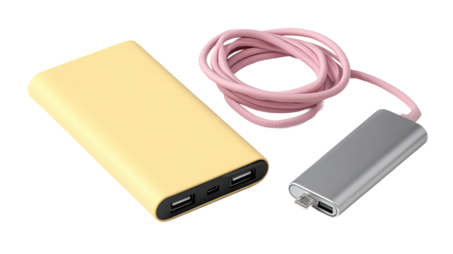 Power Bank Technology: A sleek, modern power bank in a soft pastel hue, accompanied by a charging cable and secondary adapter, representing modern technology for mobile devices.