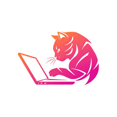 Cat using laptop in pink gradient style illustration  
