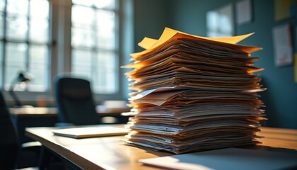 High stack of paper documents on office desk. Bureaucracy, administrative work, paperwork concept. Office workspace, management, archiving, filing, record keeping. Old-fashioned outdated processes,