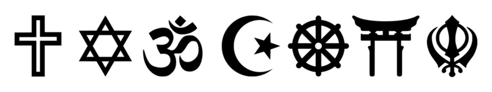 Set vector icons featuring symbols of major world religions including Christianity, Judaism, Hinduism, Islam, Buddhism, Shintoism, and Sikhism. Clean design on white background.
