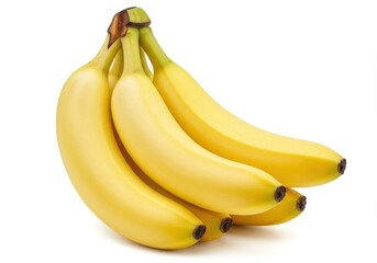 A bunch of yellow bananas with green stems and brown tips isolated against a white surface backdrop