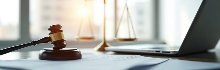 Gavel rests on papers with scales, laptop nearby in bright office. Legal concept of justice balance decision, law, order, modern digital technology. Business, finance, government, legislation, legal