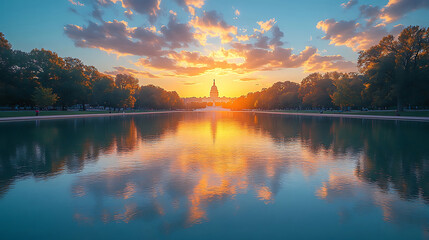 Reflective sunrise at the united states capitol with clouds and trees framing the scene beautifully