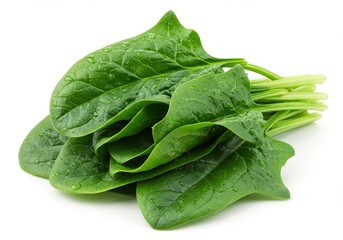 Fresh spinach leaves with water droplets stacked together on a plain surface in close up view