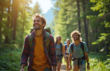Group happy hikers in forest, walking on path with backpacks. Friends enjoy vacation, travel, hiking, exploring woods together, smiling. Concept outdoor activity, nature, friendship, adventure