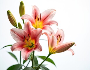 Fototapeta premium Pink lilies, vibrant petals, yellow center. Close-up of delicate flower head, green leaves. Nature, beauty, floral design. Summer, spring bloom. Botanical art. Isolated white background. Blossom.