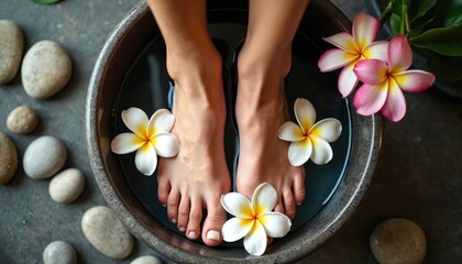 Obraz na płótnie Canvas Woman feet in herbal foot spa with flowers and water. Pedicure foot treatment in bowl with stones. Wellness, relaxation, rejuvenation. Tropical spa salon, fresh flowers for skin care.