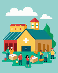 A community center transformed into a food bank during a natural disaster providing essential supplies and meals to those affected by the crisis.. Vector illustration