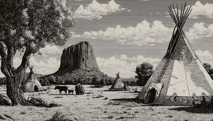 Native american western scene background. Can be used for graphic design. Wild west. Black and white. Graphic Art Vector