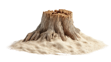 Stump in the Sands of Time: A weathered tree stump stands as a silent sentinel, rooted in sand, evoking a sense of enduring time and the quiet strength of nature.