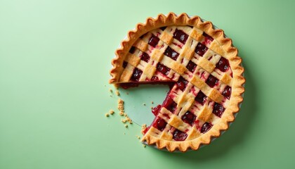 Overhead shot delicious cherry pie missing slice on green surface. Homemade baking. Tart pastry with crust, tasty fruit filling. Sweet dessert, bakery product. Ready to eat, fresh cake.