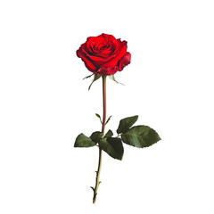Fototapeta premium Single red rose on black background beautiful flower stem leaves nature photography