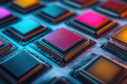 Colorful microchips arranged closely showcase intricate circuitry and advanced technology, suggesting innovation and processing power.