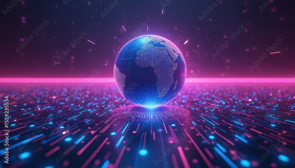 Aufkleber Digital globe on dark background with glowing lines in purple and blue. Tech concept with futuristic planet design. Global network, cyberspace, business, communication, internet, data transfer.