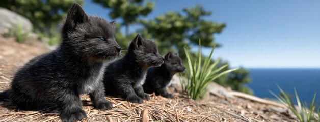 Three realistic gray wolf cubs sit on a grassy hillside, intently watching for prey while bathed in soft sunlight and vibrant colors