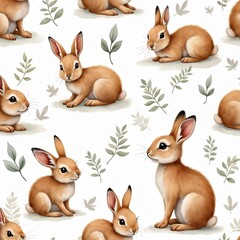 Fototapeta premium Watercolor seamless pattern featuring adorable baby rabbits. Cute bunnies, delicate foliage, leaves artfully arranged on white backdrop. Charming design for baby textile, kids products. Ideal for