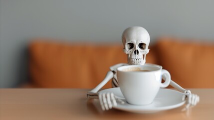 Skeleton figure sitting at a table with a white coffee cup. Concept of death, waiting, or needing coffee for energy and work.