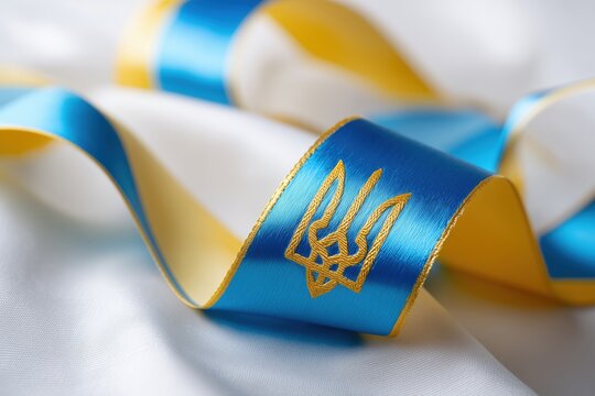 Ribbon featuring Ukraine colors and Tryzub emblem rests softly on a white silk backdrop, expressing support and patriotism. - Powered by Adobe