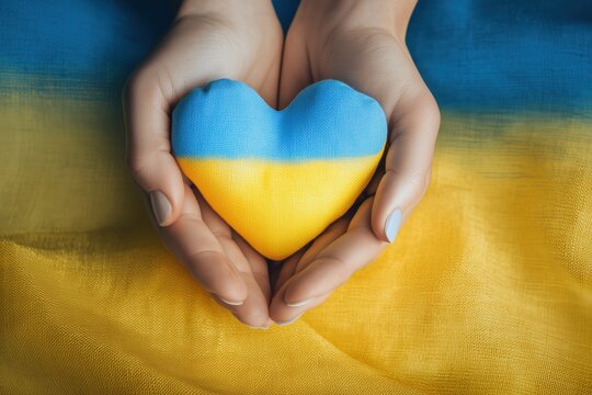 Hands gently hold a heart painted in the colors of the Ukrainian flag against a matching blue and yellow backdrop
