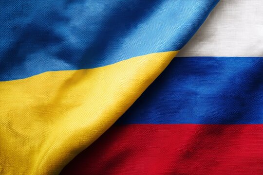 Ukrainian and Russian flags meet, showcasing the conflict and relationship between the countries with textures and vibrant colors.