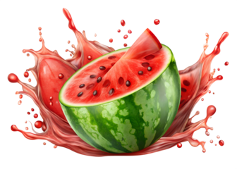 A vibrant watermelon half with a slice on top is surrounded by a splash of juice, isolated on transparent background