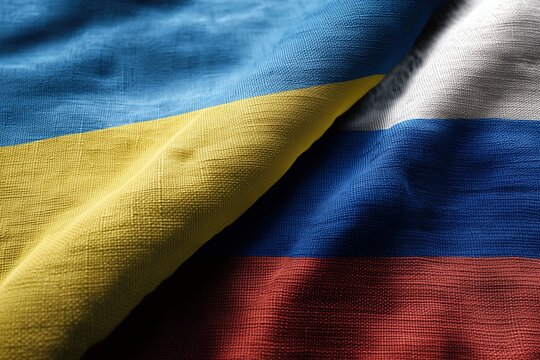 Ukraine and Russia flags blend together, symbolizing conflict and international relations against war