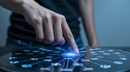 Person touching digital interface with glowing icons isolated on a transparent background