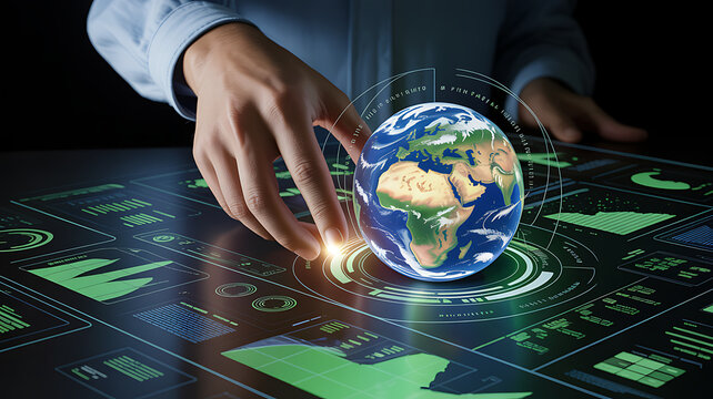 Person touching holographic earth globe displaying data isolated on a transparent background